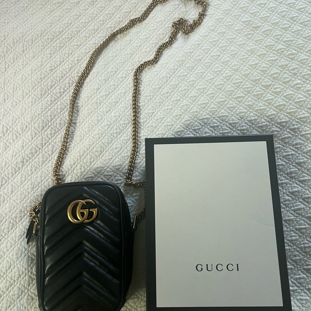 Gucci Black Chevron Mini Bag with Gold Chain